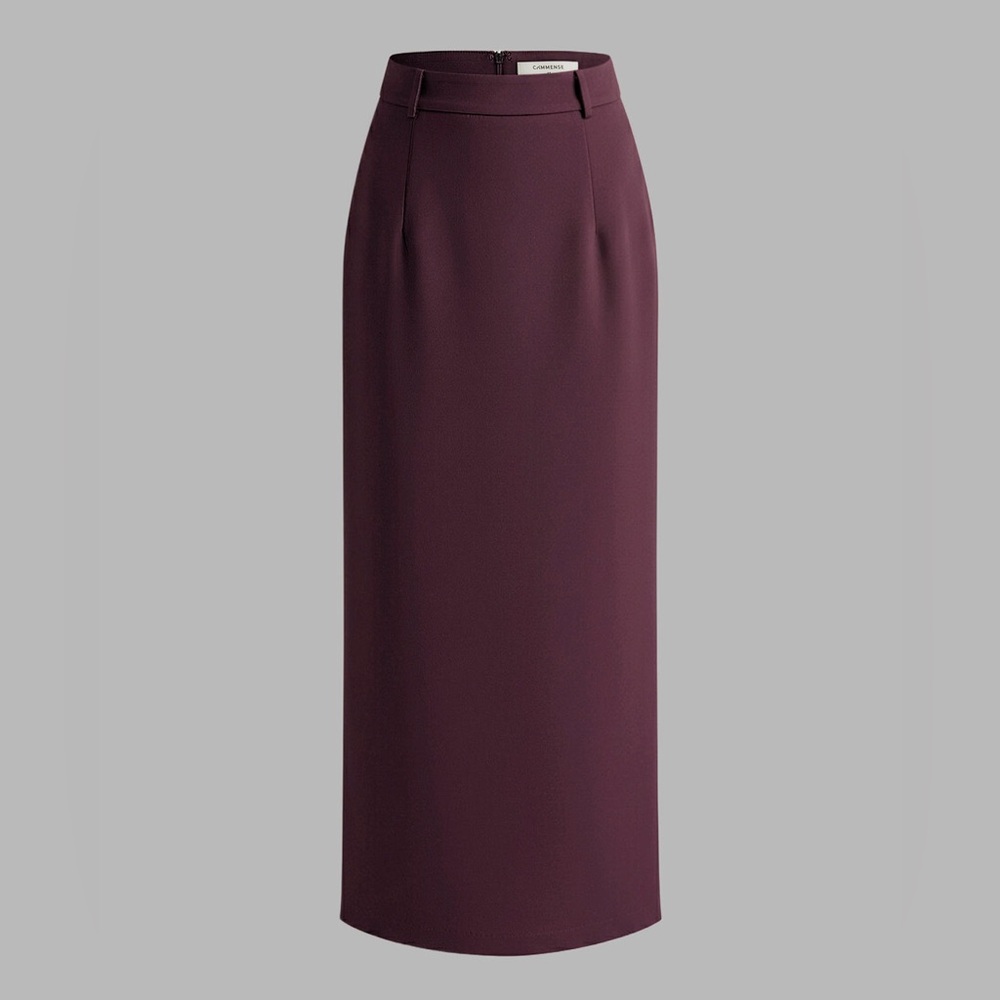 NWT Commense high waisted, long burgundy skirt with back slit.